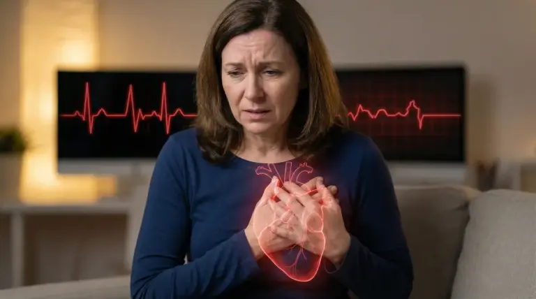 Donna con dolore al petto e immagine del cuore, simbolo della sindrome del cuore spezzato da forte stress