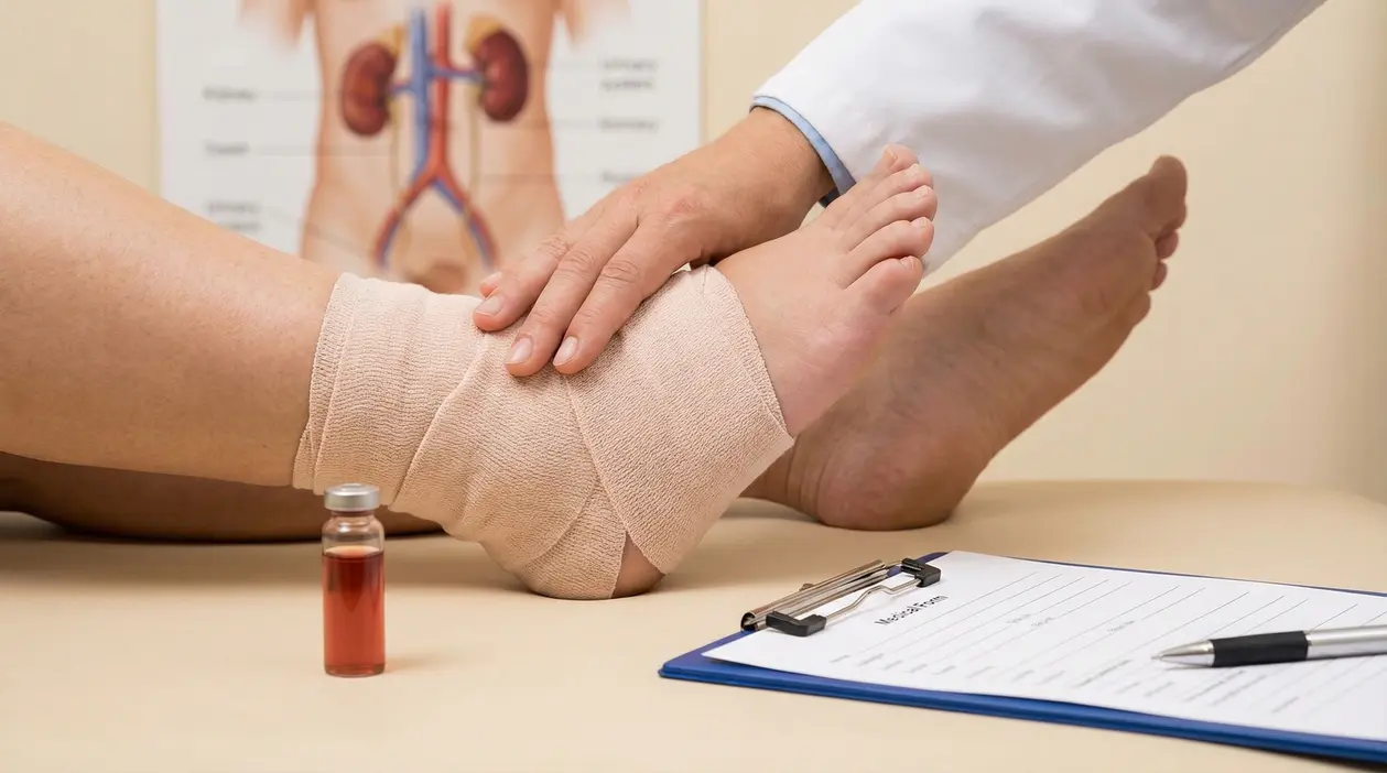 Medico visita una caviglia fasciata di un paziente su lettino, in ambulatorio