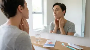 Donna davanti allo specchio mentre controlla il collo per possibili sintomi alla gola