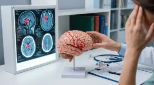 Medico mostra un modello di cervello accanto a scansioni cerebrali durante una visita sull’aneurisma