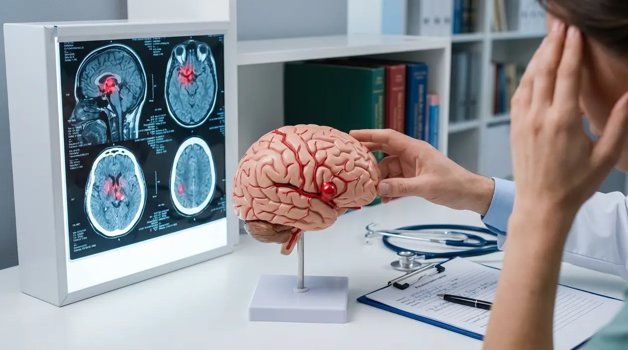 Medico mostra un modello di cervello accanto a scansioni cerebrali durante una visita sull’aneurisma