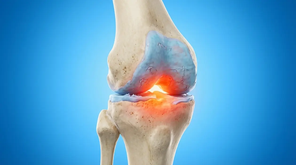 Illustrazione medica del ginocchio con cartilagine consumata e area infiammata nell’articolazione