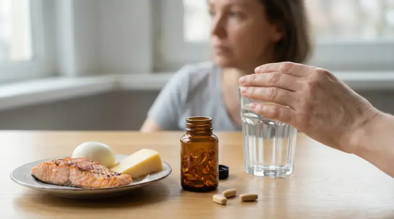 Persona con integratore e alimenti ricchi di vitamina B12, come salmone, uovo e formaggio, accanto a un bicchiere d’acqua