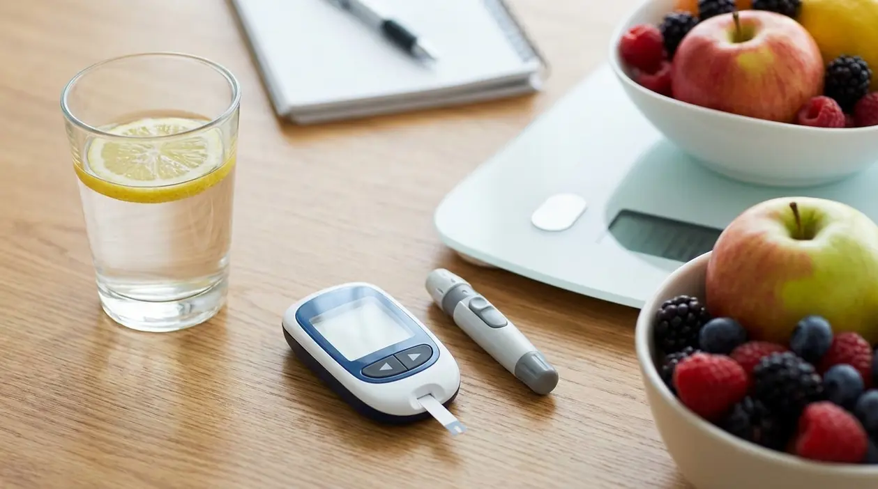 Glucometro con penna pungidito, bilancia, frutta fresca e bicchiere d’acqua, simboli del controllo del diabete
