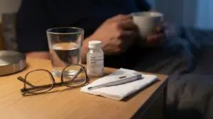 Occhiali, termometro e soluzione reidratante su un comodino, con una persona che tiene una tazza sullo sfondo