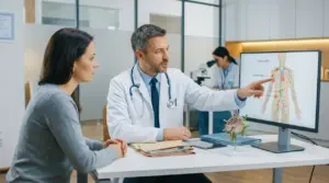 Medico parla con una paziente indicando il sistema linfatico su un monitor durante una visita specialistica