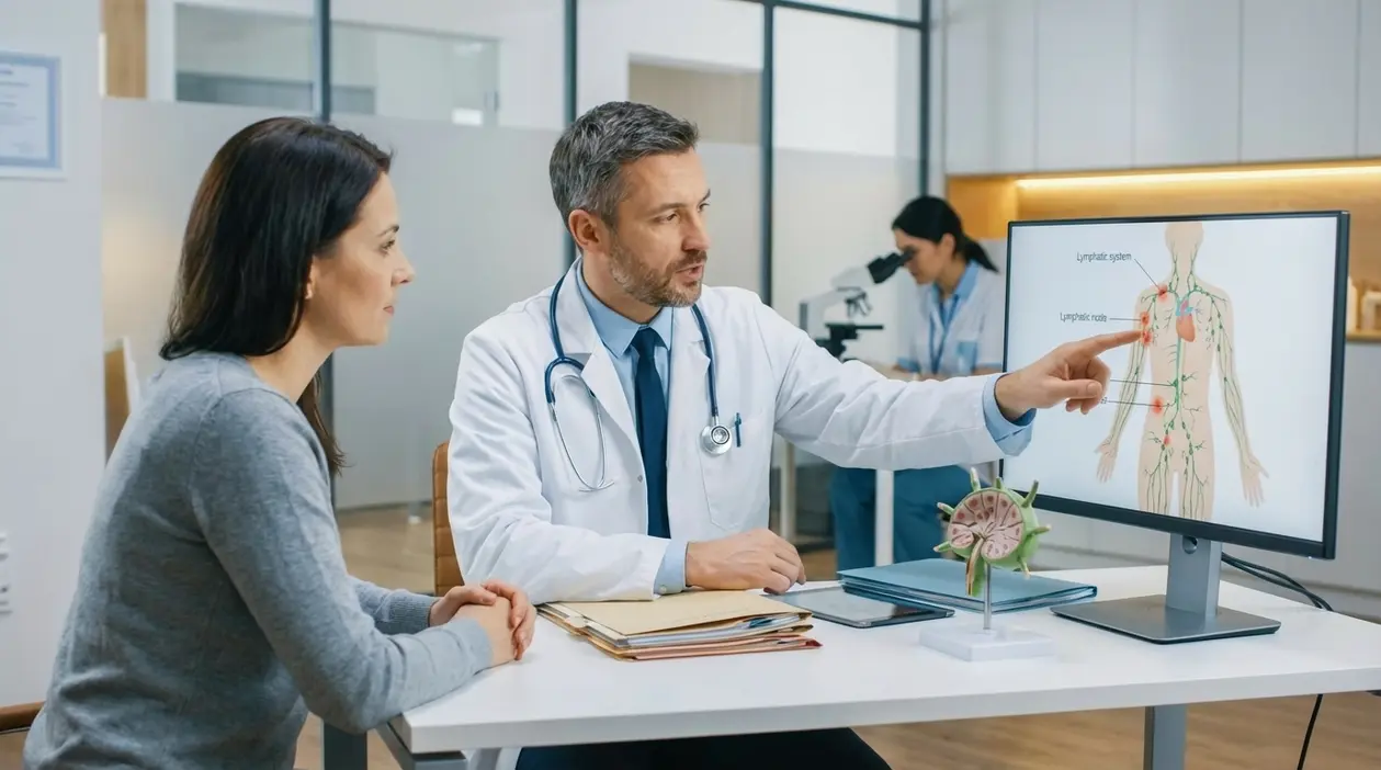 Medico parla con una paziente indicando il sistema linfatico su un monitor durante una visita specialistica