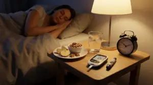 Persona che dorme accanto a snack serali sani, glucometro e bicchiere d’acqua sul comodino