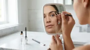 Persona si trucca le sopracciglia allo specchio con matita e gel in bagno