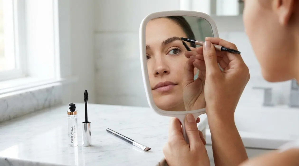 Persona si trucca le sopracciglia allo specchio con matita e gel in bagno