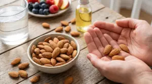 Una persona tiene alcune mandorle in mano accanto a una ciotola di mandorle su un tavolo di legno
