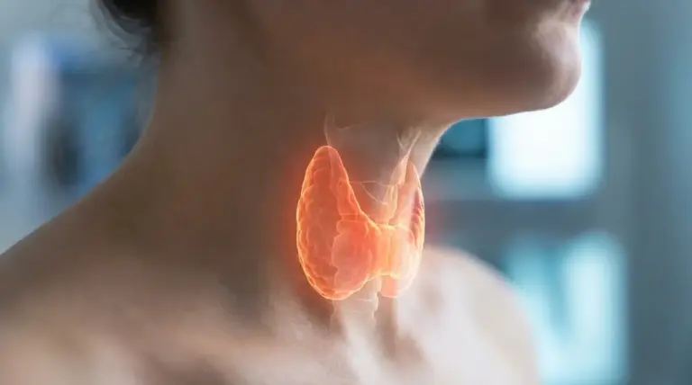 Illustrazione della tiroide evidenziata sul collo di una persona, simbolo di squilibrio delle ghiandole tiroidee