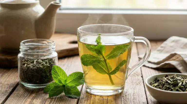 Tazza di tè verde alla menta fumante con foglie fresche, teiera e foglie di tè su tavolo in legno