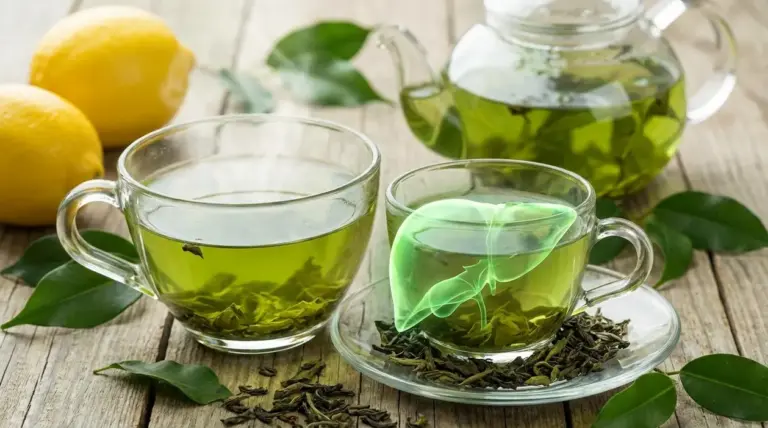 Tazze di tè verde con limoni e teiera su un tavolo, immagine legata ai benefici del tè verde per il fegato