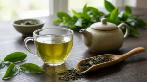 Tazza di tè verde con teiera e foglie su un tavolo, immagine legata a pressione alta e benessere