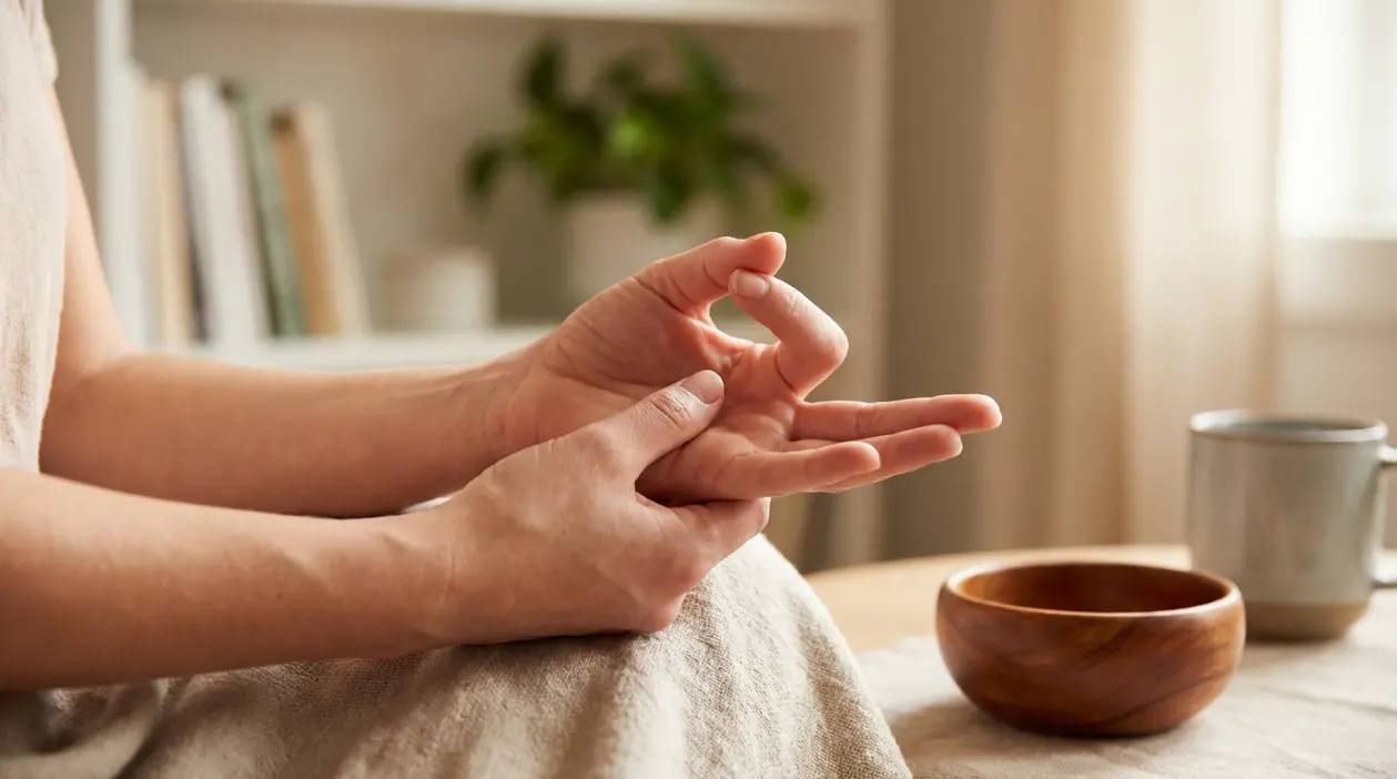 Persona che pratica la tecnica delle dita per alleviare lo stress in un ambiente domestico rilassante