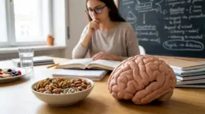 Persona che studia a un tavolo con libri, frutta secca e modello di cervello, simbolo di memoria e concentrazione