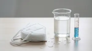 Mascherine FFP2 accanto a contenitori con liquido, in un contesto di test sul lavaggio e la riutilizzabilità