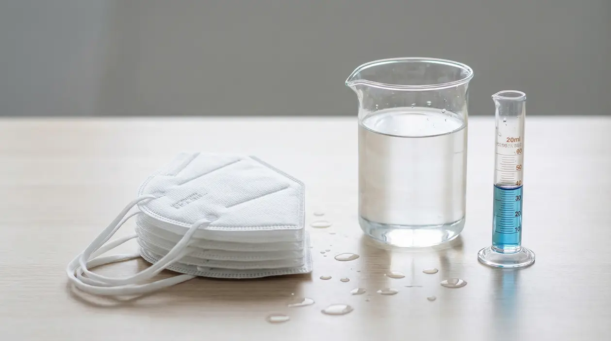 Mascherine FFP2 accanto a contenitori con liquido, in un contesto di test sul lavaggio e la riutilizzabilità