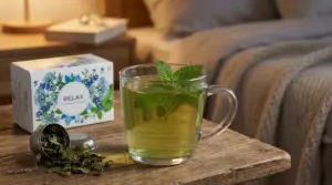 Tazza di tisana calda con foglie di melissa su un tavolino in camera da letto, ideale per rilassarsi prima di dormire