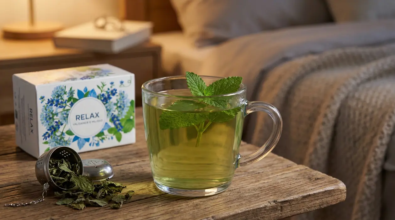 Tazza di tisana calda con foglie di melissa su un tavolino in camera da letto, ideale per rilassarsi prima di dormire