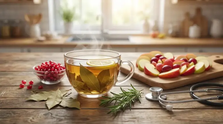 Tisana calda con limone e alloro su tavolo in cucina, accanto a frutta fresca e stetoscopio
