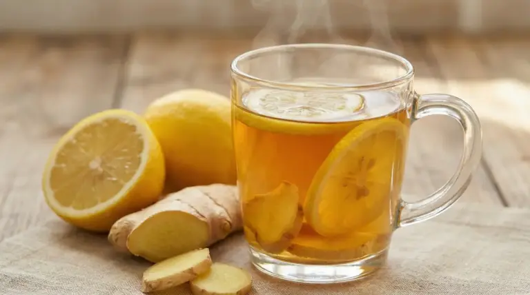 Tisana calda allo zenzero e limone in tazza di vetro con fette di limone e radice di zenzero su tavolo
