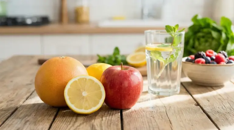 Pompelmo, limone e mela su un tavolo con acqua aromatizzata alla menta e frutti di bosco sullo sfondo