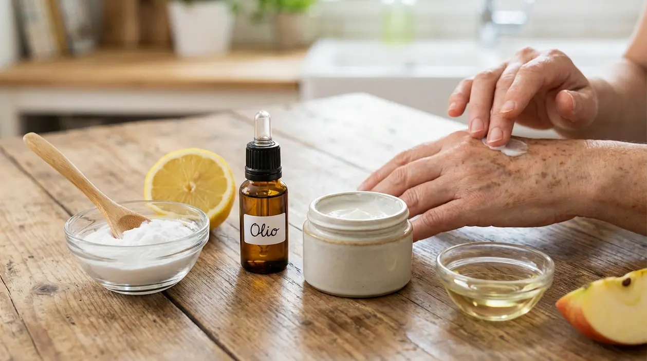 Persona applica una crema sulle mani con macchie cutanee accanto a limone, olio e ingredienti naturali