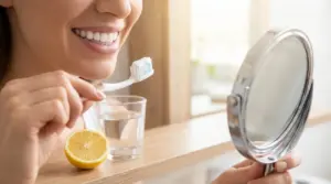 Persona che sorride con spazzolino, bicchiere d’acqua e limone davanti allo specchio per sbiancare i denti