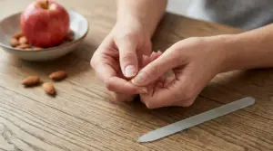 Persona che osserva unghie fragili su un tavolo con mela, mandorle e limetta per unghie