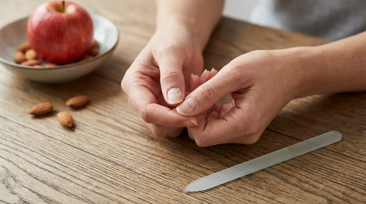 Persona che osserva unghie fragili su un tavolo con mela, mandorle e limetta per unghie