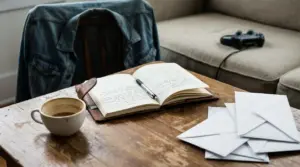 Tavolo con taccuino aperto, tazza di caffè, lettere e controller in salotto, simbolo di immaturità emotiva