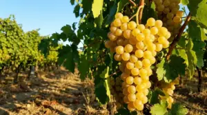 Grappoli di uva moscato matura sulla vite in un vigneto illuminato dal sole
