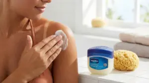 Persona che applica vaselina sulla spalla abbronzata in bagno per attenuare i segni dell’abbronzatura