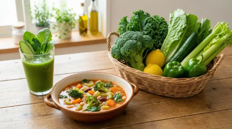Zuppa di verdure e frullato verde con cesto di broccoli, insalata, cetriolo, sedano e peperoni su tavolo