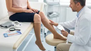 Medico visita la gamba di una paziente con vene varicose durante un controllo in ambulatorio