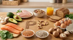 Alimenti ricchi di vitamina PP su un tavolo: salmone, avocado, uova, legumi, frutta secca, pane e verdure