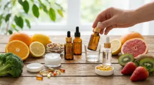 Sieri in boccette con contagocce, crema e capsule vitaminiche accanto a agrumi, kiwi e fragole su tavolo di legno