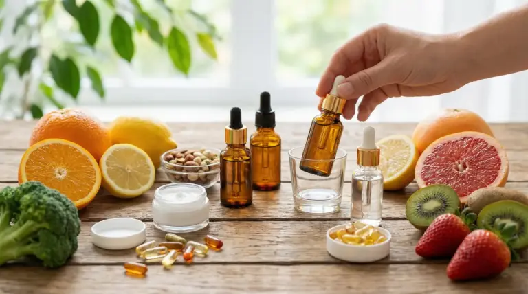 Sieri in boccette con contagocce, crema e capsule vitaminiche accanto a agrumi, kiwi e fragole su tavolo di legno