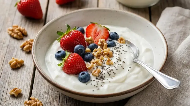 Ciotola di yogurt greco senza zucchero con fragole, mirtilli, noci e semi su tavolo di legno