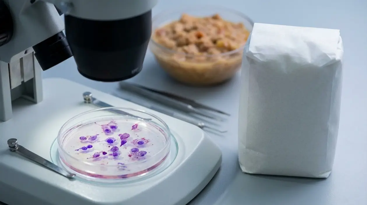 Microscopio con piastra di cellule in laboratorio accanto a un sacchetto di zucchero e a un alimento lavorato